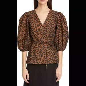 GANNI Leopard Print Puff Sleeve V-neck Wrap Top EUC Size 34/ US 2
